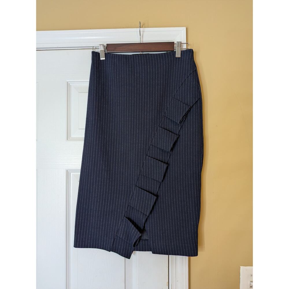 Express Pinstripe Ruffle Front Midi Pencil Skirt Size Small Navy Blue NWT Office